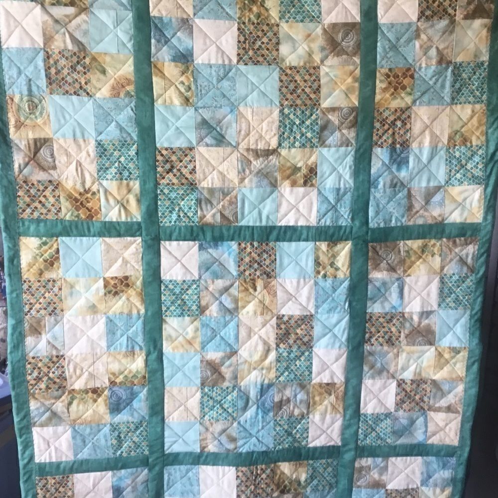 NWT Hand Crafted Quilt in Teals and Tans